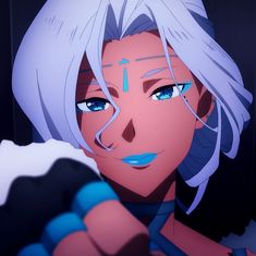 an anime character with white hair and blue eyes looks at the camera while holding something in her hand