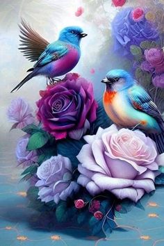 two birds sitting on top of flowers in front of a blue background with pink and purple roses