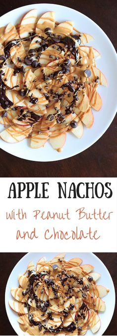 apple nachos with peanut butter and chocolate on a white plate next to the recipe