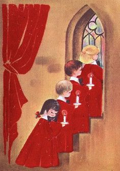 children in red dresses stand at the top of stairs and look into a stained glass window