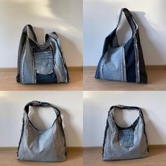 four pictures of a purse made out of old jeans and denim fabric with holes in the side