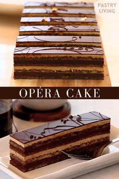 slices of opera cake on a plate and wood board Creative Bundt Cake Ideas, Opera Cake Recipe Easy, Chocolate Cake Variations, French Chocolate Cake, Opera Cake Decoration, Chocolate Cake Fillings, French Opera Cake, Decorating With Chocolate, Opera Cake Recipe