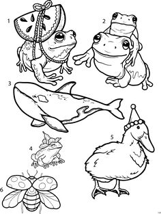 an animal coloring page with four different animals and two other things to color on it