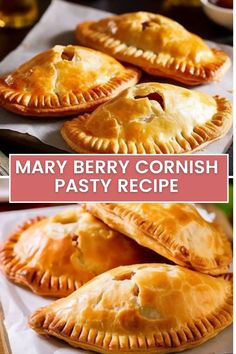 many different types of pastries are shown on the table with text that reads mary berry cornishi pastry recipe