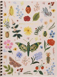 a notebook with flowers and bugs on the cover, which reads riflee paper co