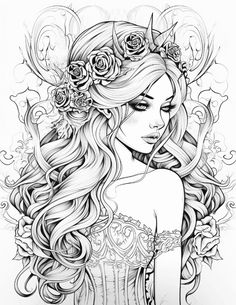 a girl with long hair and roses in her hair