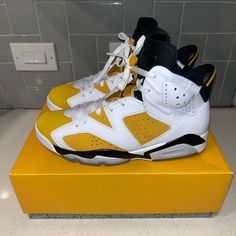 Men’s Size 10.5 Worn Once 100% Authentic Comes W Box! Luxury Yellow Casual Jordan Shoes, Yellow Sporty Jordan Shoes In Synthetic Material, Yellow Mid-top Jordan Shoes For Streetwear, Air Jordan 6 Georgetown, Wmns Air Jordan 6 Retro 'gold Hoops', Yellow Ochre, Jordan 6, Air Jordan 6, Jordans For Men