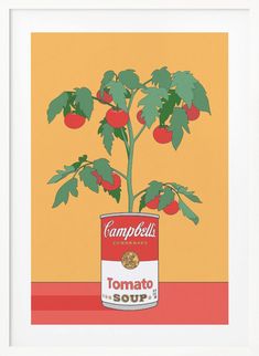 a tomato plant in a can with tomatoes growing out of it, against an orange background