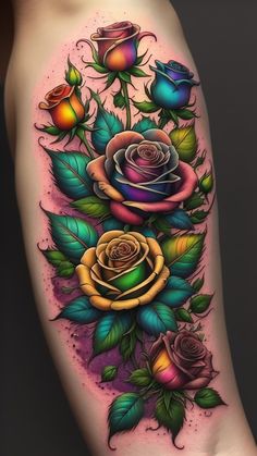 a colorful tattoo with roses and leaves on the side of a woman's leg