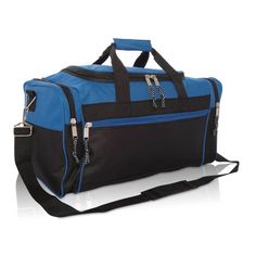 a blue and black duffel bag on a white background