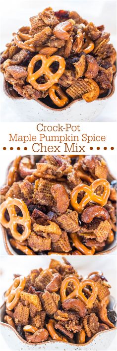 two pictures showing the process of making homemade pumpkin spice cheesy mix with pretzels