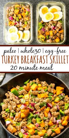 two pans filled with eggs, meat and veggies to make a turkey breakfast skillet