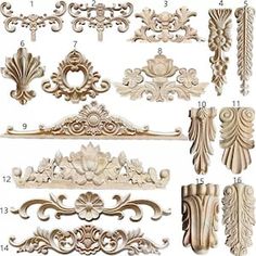 an assortment of decorative wooden carvings and brackets