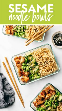 three glass dishes filled with sesame noodles and vegetables, with chopsticks on the side