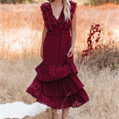 New! Vici Bodhi Tiered Ruffle Maxi Dress Color: Wine Never Worn, Not Altered. Ruffle Maxi Dress, Ruffled Maxi Dress, Colorful Dresses, Maxi Dress, Wine, Womens Dresses, Red, Women Shopping, Dresses