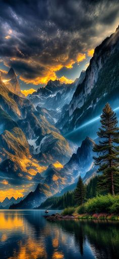 the mountains are reflected in the water at sunset, with clouds and trees around them