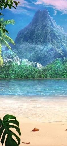 an image of a tropical beach scene with mountains in the background and palm trees on the sand