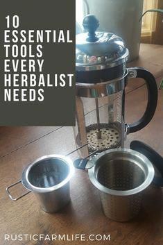 a coffee pot and two cups on a table with the words 10 essential tools every herbist needs