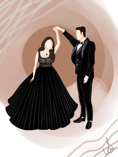 a man in a tuxedo and a woman in a black dress are dancing