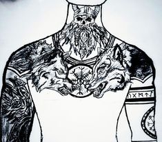 a drawing of a man with tattoos on his chest