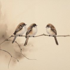 three little birds sitting on a branch with watercolor paint effect in the back ground