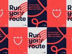 an advertisement for run your route on red and blue squares with white lines in the middle