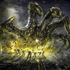 an image of a giant alien creature with many people around it