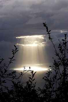 the sun shines through dark clouds over water