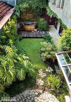 an aerial view of a small garden area