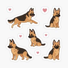 four german shepherd dogs stickers with hearts on the back and one dog sitting down