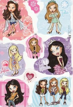 the stickers are all different colors and designs on this sheet, including girls with long hair