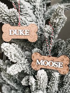 two wooden ornaments that say duke and moose hanging from a christmas tree with snow on the branches