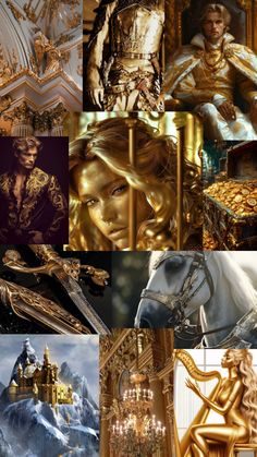 many different pictures with gold and black colors