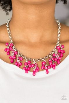 Featuring round and teardrop shapes, clusters of faceted pink beads swing from the bottom of a shimmery silver chain, creating a playful fringe below the collar. Features an adjustable clasp closure.Sold as one individual necklace. Includes one pair of matching earrings. Paparazzi Necklaces, Beaded Dangle Necklace, Jewlery Earrings, Short Necklaces, Dangle Necklaces, Pink Necklace, Teardrop Beads, Paparazzi Accessories, Modern Necklaces