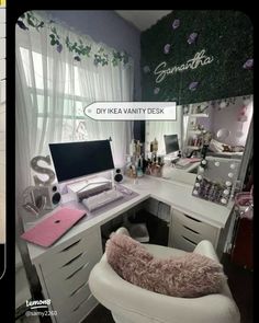 two pictures show the inside of a room with furniture and decorations on it, one has a desk