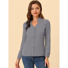 This shirt is elegant and charming for workwear or a day-to-night look, with a cut-out v-neck and unique shoulder details. No-see-through chiffon fabric and stylish v-neck make it a perfect choice for work, office, and daily wear. Pair this work office shirt with a pencil skirt, work pants, or casual jeans. The return of a classic, this button-up shirt is cut from in a chiffon sateen in an always flattering fit-and-flare silhouette. Model Body Size: Height: 5'9", Chest: 33 inches, Waist: 24 inch Formal V-neck Shirt With Button Closure, Formal V-neck Shirt With Buttons, Elegant Gray Tops For Business Casual, Elegant Gray Top With Button Closure, Semi-formal Solid V-neck Top, Gray Button-up Top For Work, Formal Solid V-neck Shirt, Formal V-neck Shirt, Formal Gray Button-up Top