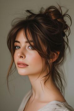 Long Bangs Hair Up, Upstyles With Bangs, Face Frame Haircut With Bangs, Long Hair Woman Style, Bangs With Updo Messy Buns, Haircut For Messy Hair, Shag Hair Updo, Middle Bun Hairstyles, Curtain Bang Ponytail