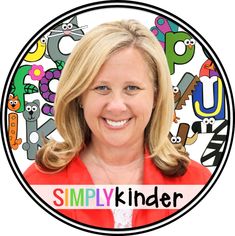 a woman with blonde hair and blue eyes smiles in front of a colorful background that says simply kinder