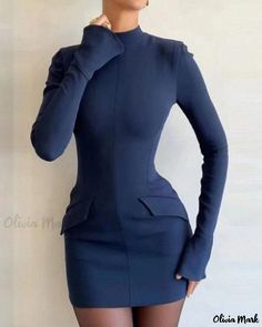 Olivia Mark - Round Neck Long Sleeve Slim Pure Color Dress Conservative Swimsuit, Sleeve Stencil, Aprons Vintage, Solid Color Dress, Round Neck Dresses, Crewneck Dress, Color Dress, Long Sleeve Bodycon, Skirt Design