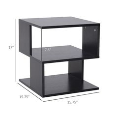 a black shelf with two shelves on each side and the measurements for each shelf below