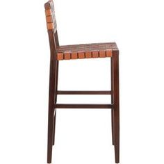 a wooden bar stool with woven seat padding and backrests on an isolated white background