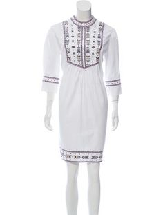 Ivory and multicolor Talitha mini dress with crew neck, three-quarter sleeves, embroidered accents throughout and button closures at center front. 
Fit:Dresses by Talitha typically fit true to size. Embroidered Mini Dress, Clothing Tags, Three Quarter Sleeves, Quarter Sleeve, Fitted Dress, Three Quarter, Sustainable Fashion, Print Patterns, Cold Shoulder Dress