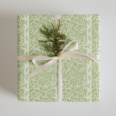 a present wrapped in green and white paper with a bow