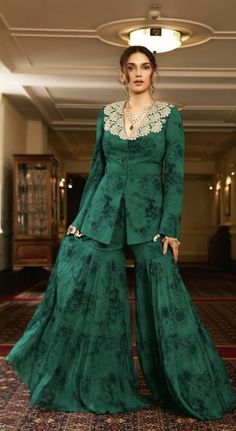 Wedding Sharara Designs, Sky Blue Indian Outfits, Sky Blue Top Outfit Color Combos, Plus Size Indian Wedding Outfits, Outfits Made From Sarees, Latest Wedding Guest Outfits Indian, New Indowestern Outfit For Women, Brocade Wedding Guest Dress, Jacket Suits For Women