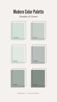 the modern color palette shades of green are shown in four different colors, including gray and white