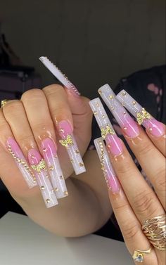 Long Bling Nails, Long Pink Acrylic Nails With Rhinestones, Long Pink Bling Acrylic Nails, Hispanic Nails, Pink Glam Nails Long, Long Pink Glitter Acrylic Nails, Xl Long Acrylic Nails 3d Flowers, Ombre Acrylic Nails