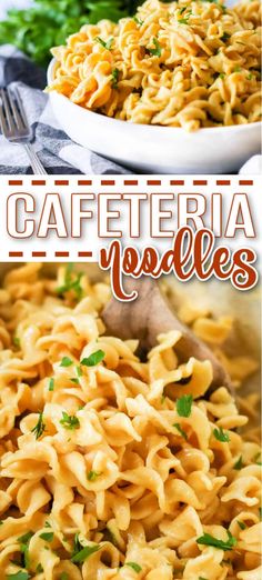 this is an image of pasta with parsley on top and the words caferia noodles above it