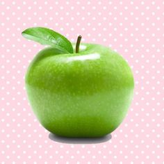 an apple with a green leaf on it against a pink and white polka dot background