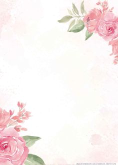 pink flowers on a white background with watercolor paint strokes and green leaves in the corner