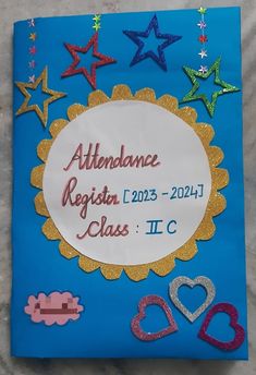 a sign that says attendance register class in front of some stars and hearts on a blue background